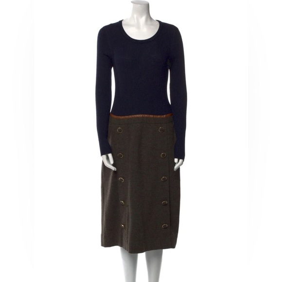 Tory Burch navy blue and khaki green combined wool midi dress - Medium - Picture 3 of 5
